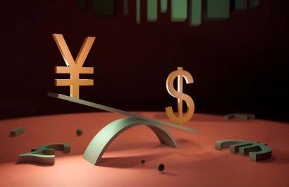 Yen and dollar symbols stand on a swing against the background of an abstract diagram. 3D rendering. The concept of finance, exchange rates, forex