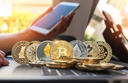 Bitcoin BTC cryptocurrency coin with altcoin digital crypto currency tokens, ETC Ethereum, ADA Cardano, LTC Litecoin, IOTA Miota,  ZEC Zcash for defi decentralized financial banking p2p global market