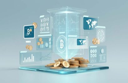 Create a futuristic finance technology scene set in a bright, modern environment with a light background. The scene should include cutting-edge financial elements like digital currencies, blockchain symbols, holographic charts, and AI-powered analytics.