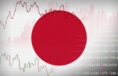 Japan Financial Market. Price Chart and National Flag Illustration. Stock Market Digital Trading and Investment. Nikkei Index. JP225. Japanese Yen. BoJ.